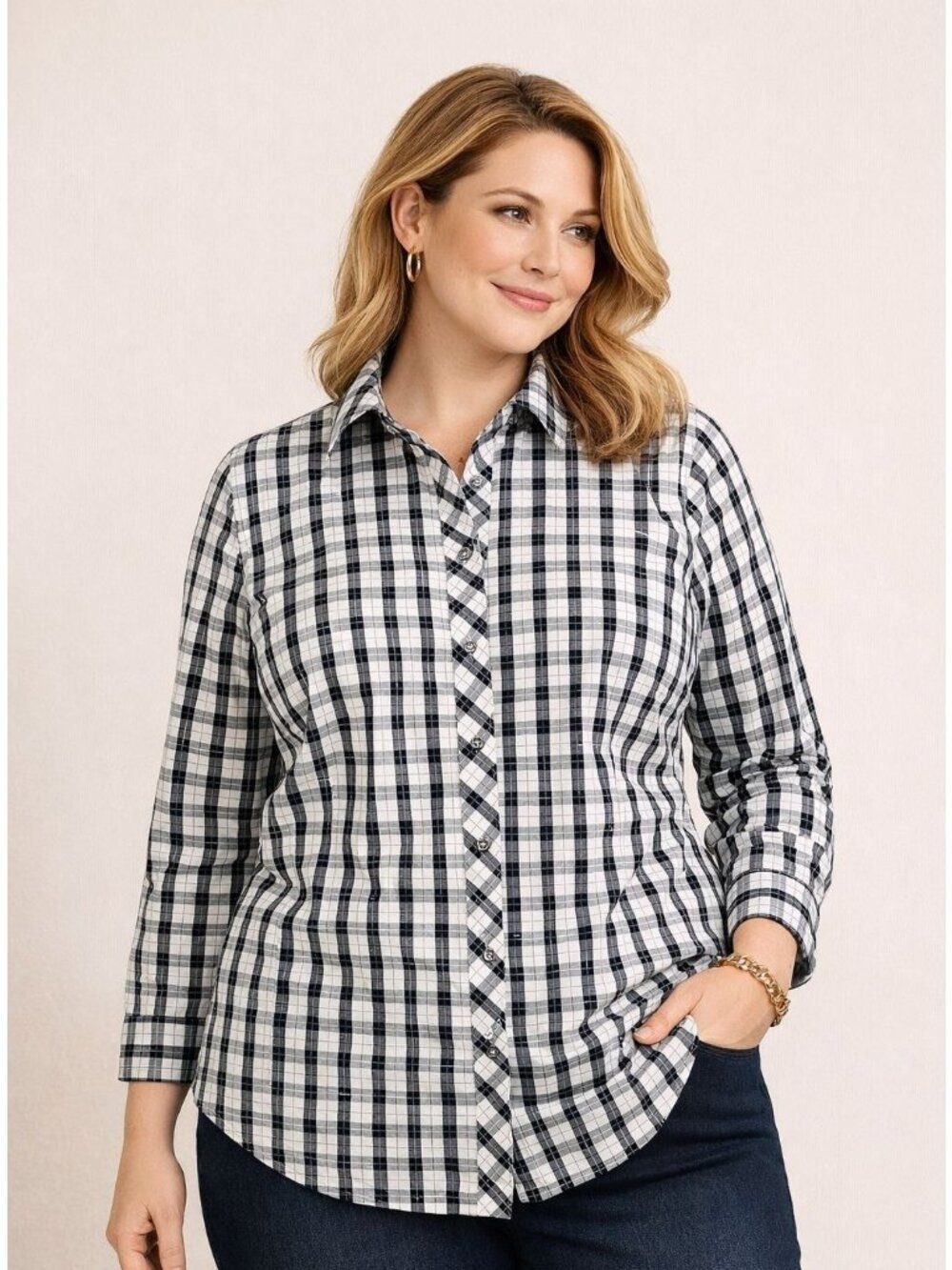 Talbots Women No Iron Shirt Black White Metallic Plaid Long Sleeve Plus Size 16W